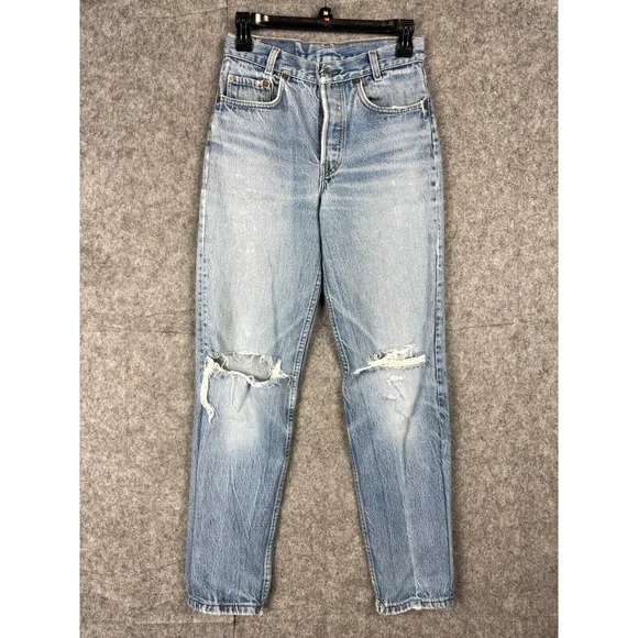 VINTAGE Levis 701 Jeans Womens 26 x 29 Blue Distressed Holes Made USA COOL! - Picture 1 of 14